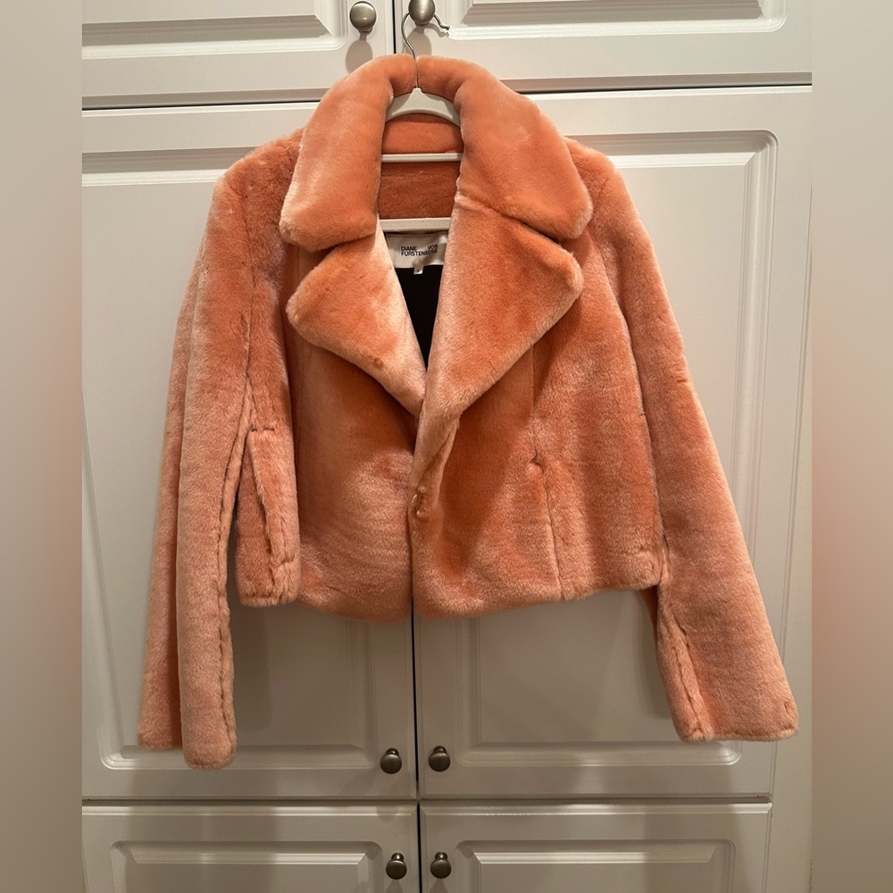 Brand New Diane Von Furstenberg Faux Fur Sherbet Orange Jacket Coat Size S